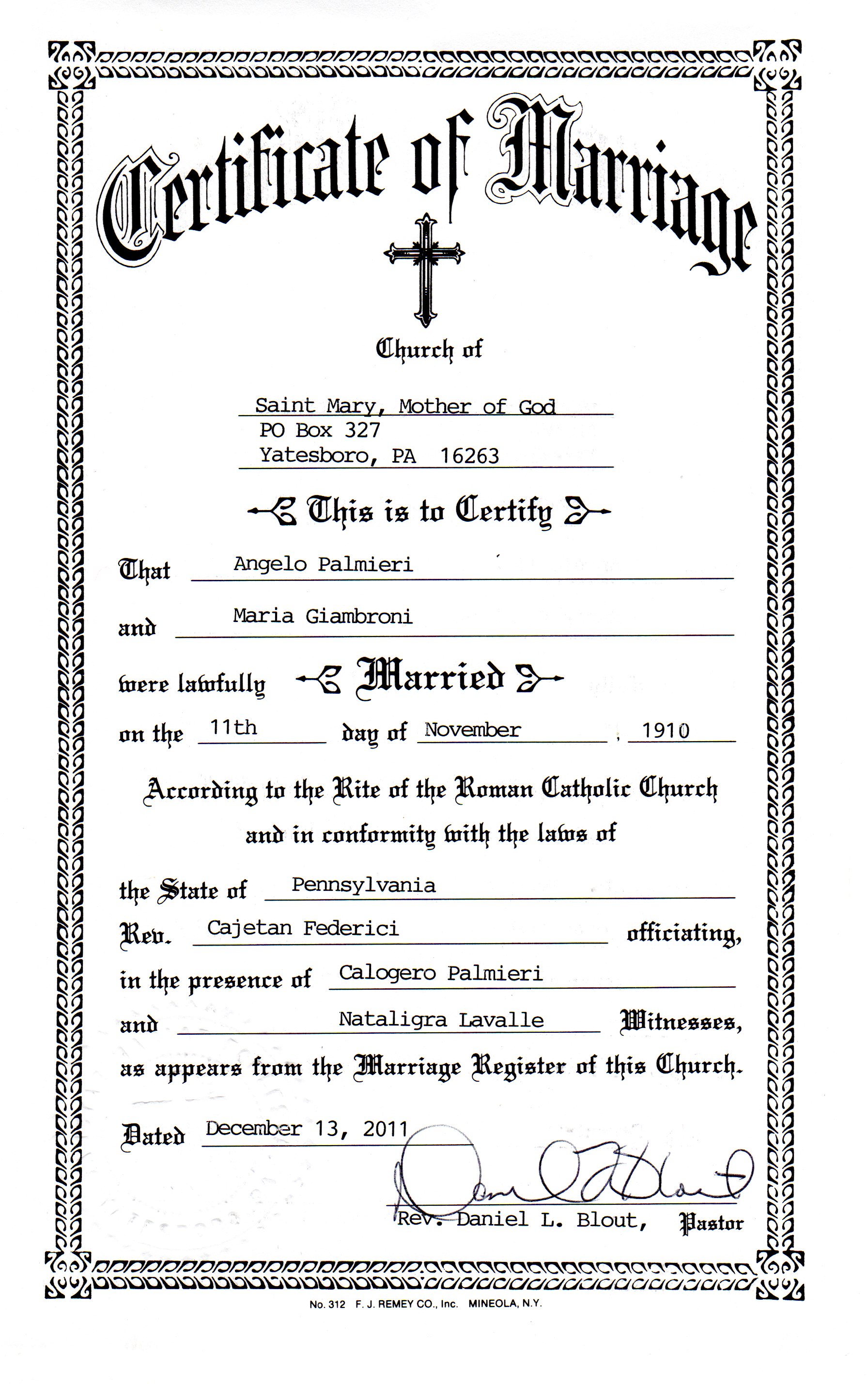 Marriage Certificate From Saint Mary Mother Of God Church Genealogy And Jure Sanguinis 